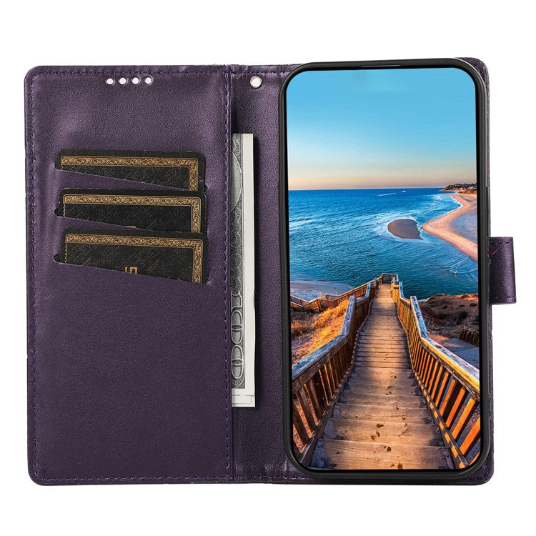 DF-06 For Samsung Galaxy A05 4G Case Lines Imprinted Leather Phone Folding Stand Cover - Purple