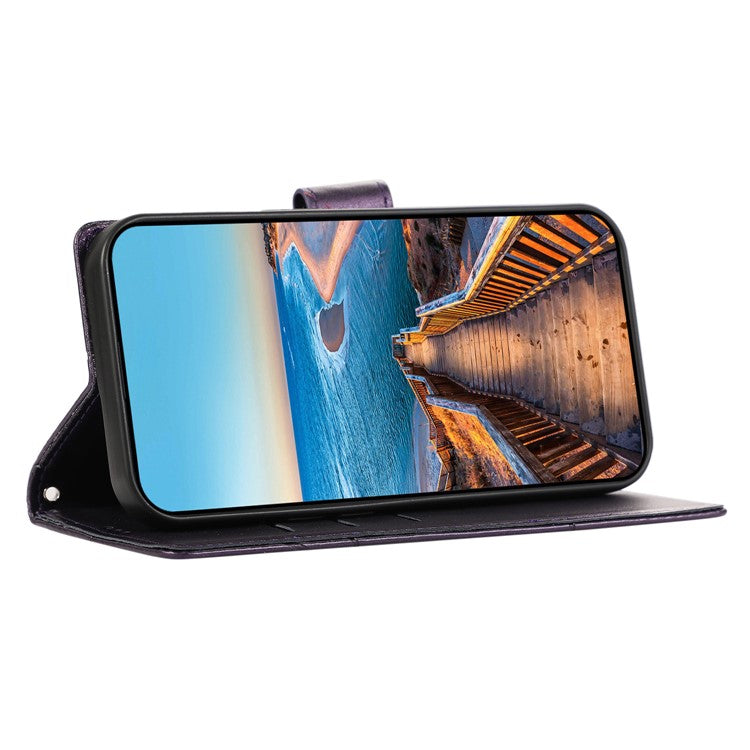 DF-06 For Samsung Galaxy A05 4G Case Lines Imprinted Leather Phone Folding Stand Cover - Purple