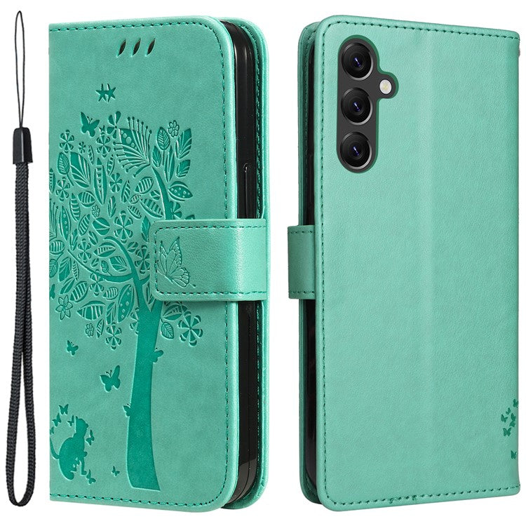 For Samsung Galaxy A05s 4G KT Imprinting Flower Series-3 Case Stand Leather Imprinted Cat Tree Phone Shell Wallet - Green