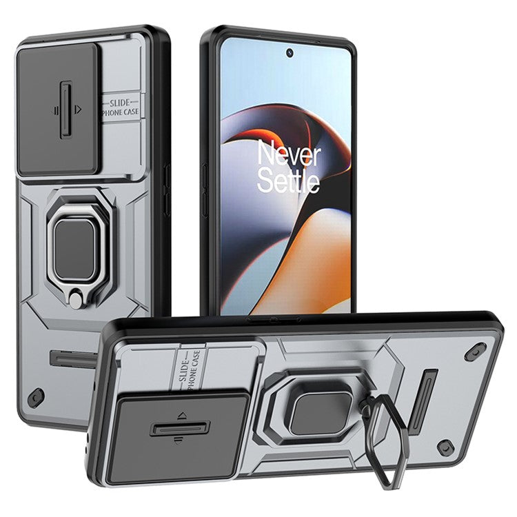 For OnePlus 11R 5G / Ace 2 5G Case Slide Lens Lid PC+TPU Kickstand Cover - Grey