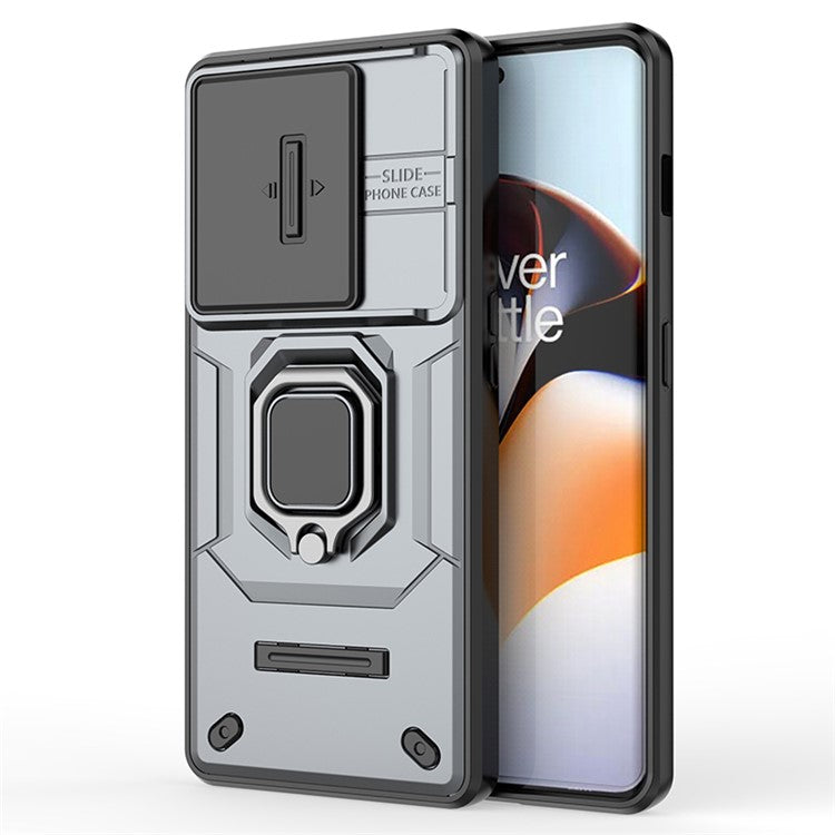 For OnePlus 11R 5G / Ace 2 5G Case Slide Lens Lid PC+TPU Kickstand Cover - Grey