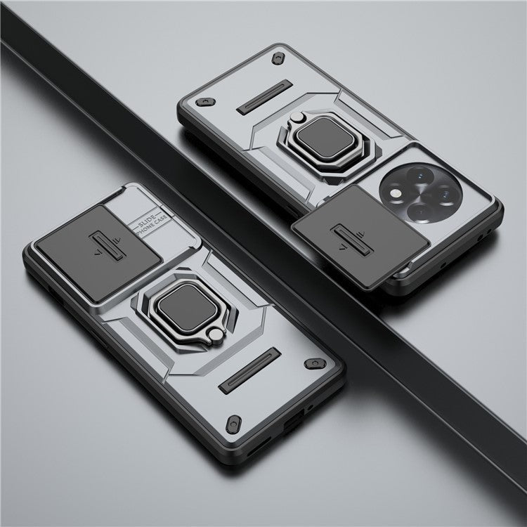 For OnePlus 11R 5G / Ace 2 5G Case Slide Lens Lid PC+TPU Kickstand Cover - Grey