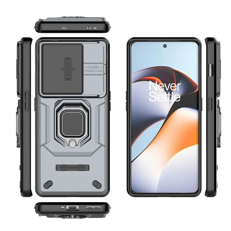 For OnePlus 11R 5G / Ace 2 5G Case Slide Lens Lid PC+TPU Kickstand Cover - Grey