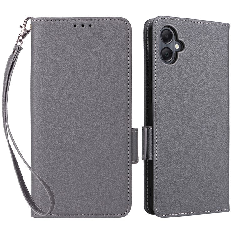 For Samsung Galaxy A05 4G Case Litchi Texture Cell Phone Leather Cover with Strap - Grey