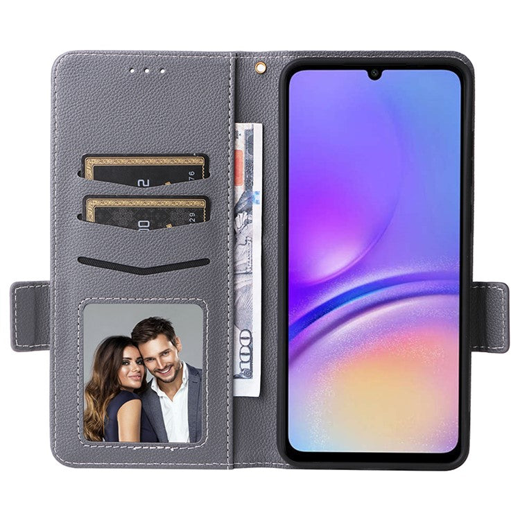 For Samsung Galaxy A05 4G Case Litchi Texture Cell Phone Leather Cover with Strap - Grey