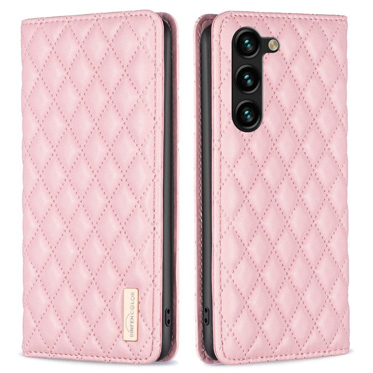 BINFEN COLOR BF16 For Samsung Galaxy S25+ / S24+ Case PU Leather Rhombus Phone Cover - Pink