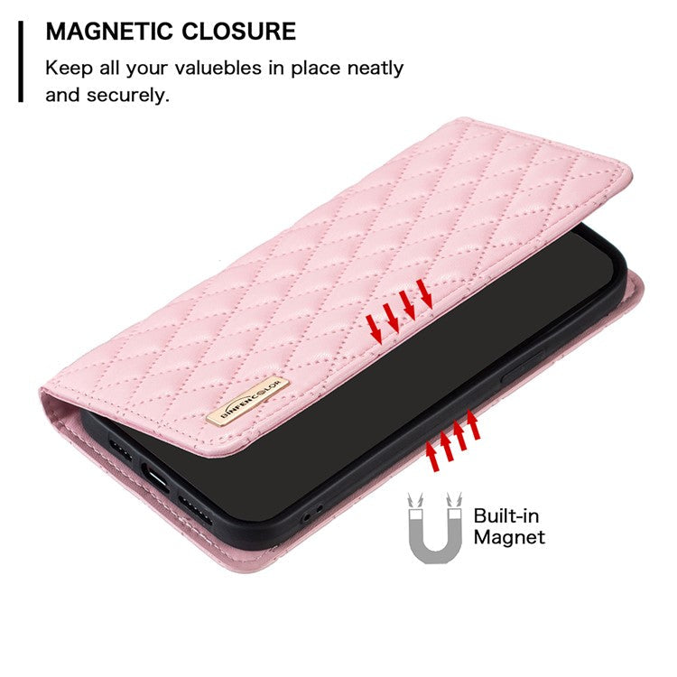 BINFEN COLOR BF16 For Samsung Galaxy S25+ / S24+ Case PU Leather Rhombus Phone Cover - Pink