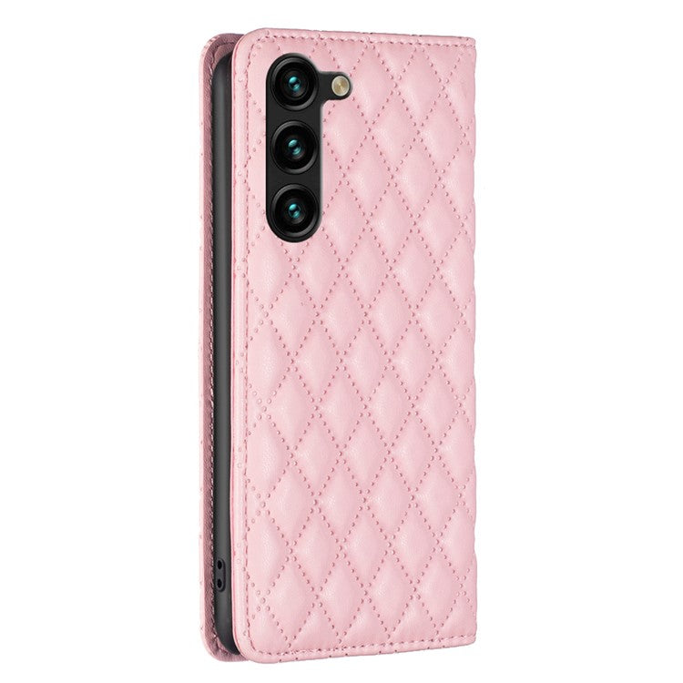 BINFEN COLOR BF16 For Samsung Galaxy S25+ / S24+ Case PU Leather Rhombus Phone Cover - Pink
