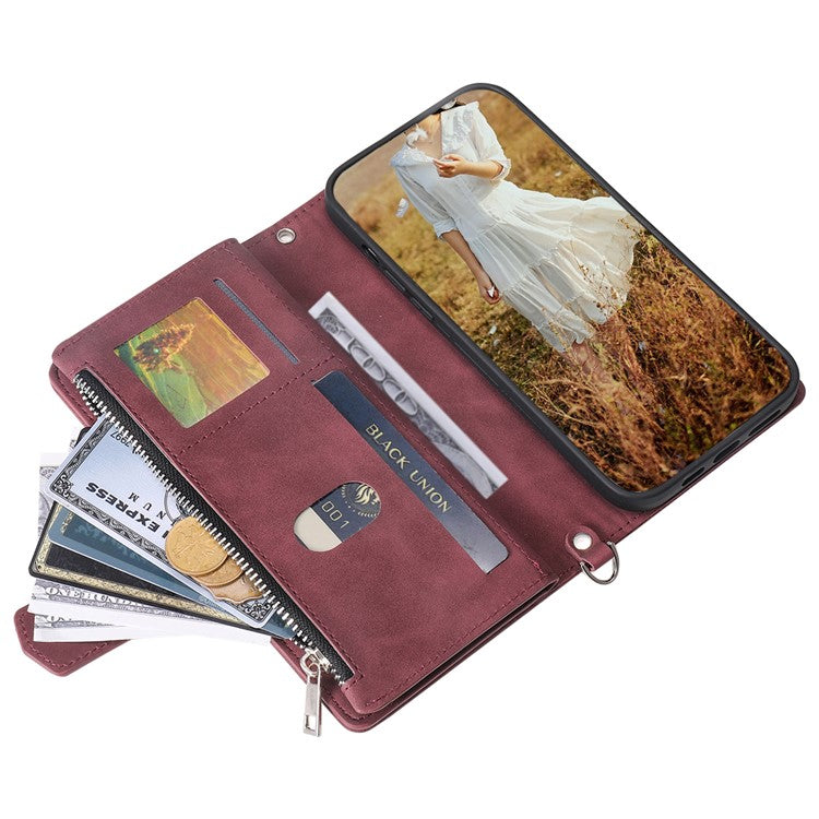 For Samsung Galaxy S24+ Leather Case Zipper Pocket Wallet Phone Cover with Strap - Wine Red