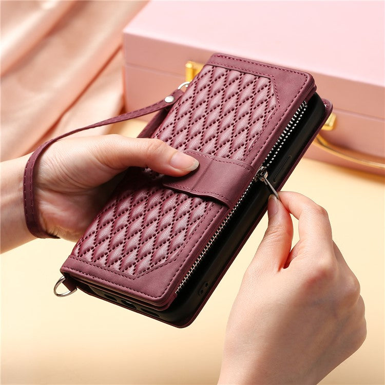 For Samsung Galaxy S24+ Leather Case Zipper Pocket Wallet Phone Cover with Strap - Wine Red