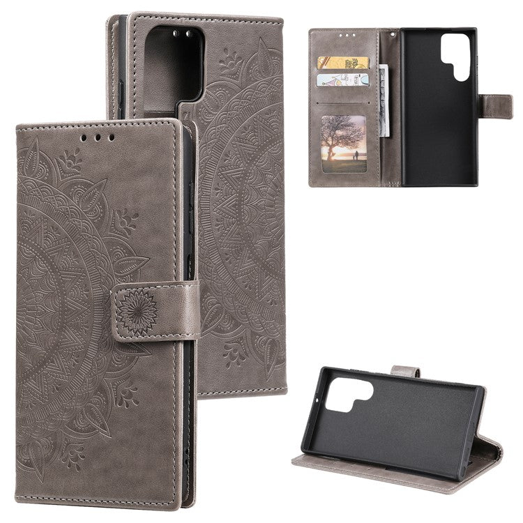 For Samsung Galaxy S24 Ultra Case PU Leather Mandala Flower Stand Cover with Strap - Grey