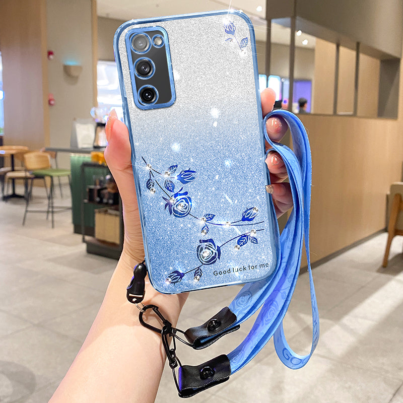 KADEM For Samsung Galaxy S20 FE 4G / FE 5G / S20 Lite / S20 FE 2022 Case Glitter TPU Flower Decor Phone Cover with Strap - Blue