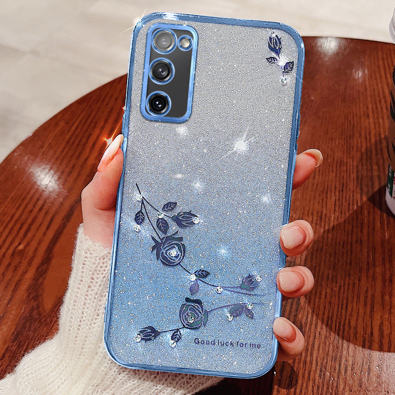 KADEM For Samsung Galaxy S20 FE 4G / FE 5G / S20 Lite / S20 FE 2022 Case Glitter TPU Flower Decor Phone Cover with Strap - Blue