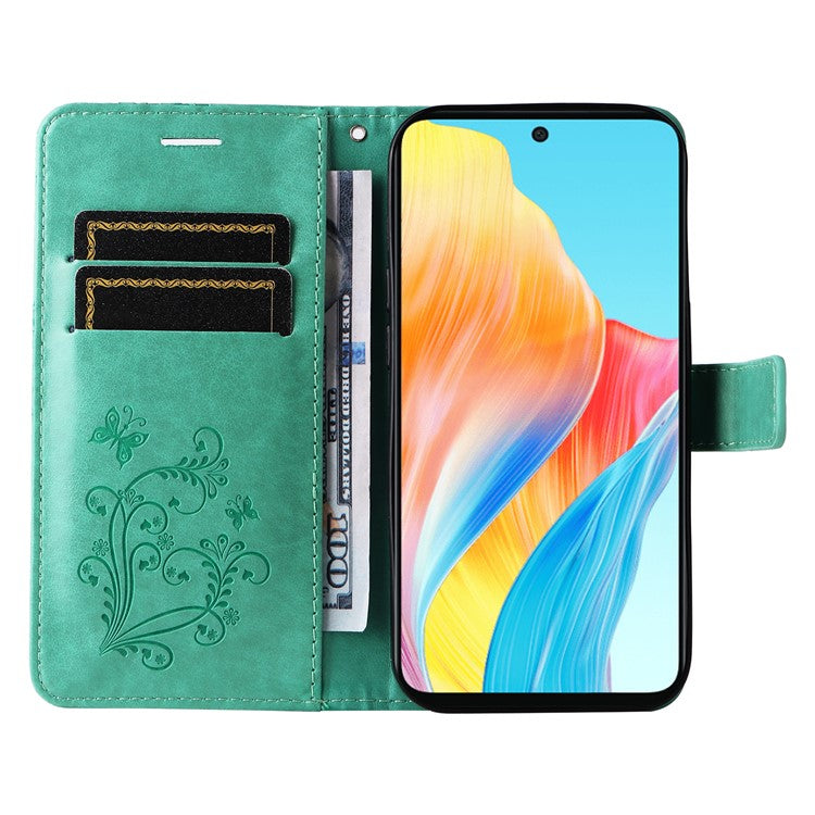 KT Imprinting Flower Series-2 For Oppo A58 4G Case Butterfly Imprint Wallet Stand PU Leather Phone Cover - Green