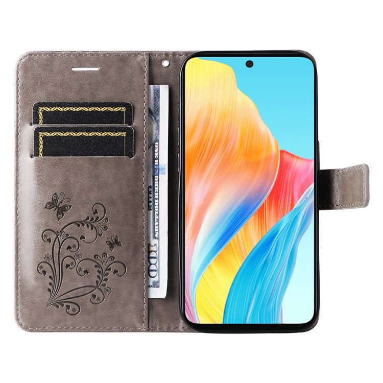 KT Imprinting Flower Series-2 For Oppo A58 4G Case Butterfly Imprint Wallet Stand PU Leather Phone Cover - Grey