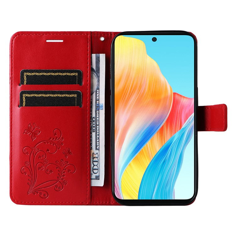 KT Imprinting Flower Series-2 For Oppo A58 4G Case Butterfly Imprint Wallet Stand PU Leather Phone Cover - Red
