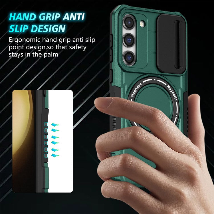 For Samsung Galaxy S23+ Case PC+TPU Magnetic Phone Cover with Slide Camera Lid - Blackish Green