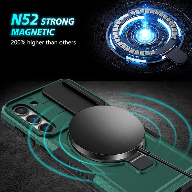 For Samsung Galaxy S23+ Case PC+TPU Magnetic Phone Cover with Slide Camera Lid - Blackish Green