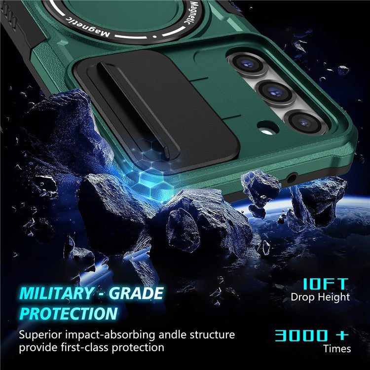 For Samsung Galaxy S23+ Case PC+TPU Magnetic Phone Cover with Slide Camera Lid - Blackish Green