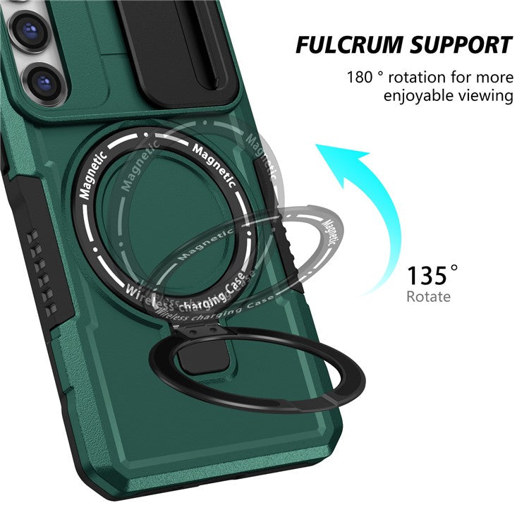 For Samsung Galaxy S23+ Case PC+TPU Magnetic Phone Cover with Slide Camera Lid - Blackish Green