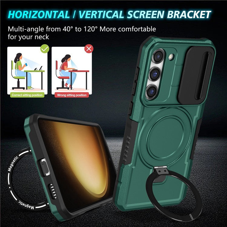 For Samsung Galaxy S23+ Case PC+TPU Magnetic Phone Cover with Slide Camera Lid - Blackish Green