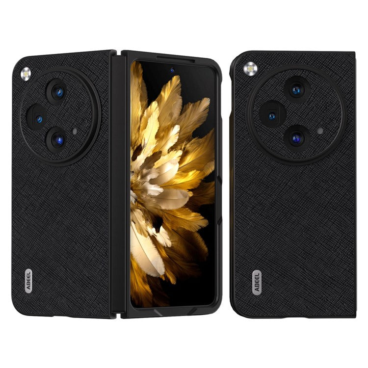 ABEEL For Oppo Find N3 5G / OnePlus Open Case Cross Texture Genuine Cow Leather Phone Back Cover - Black