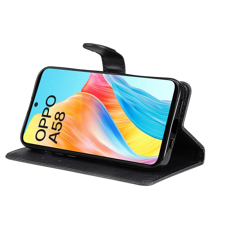 KT Leather Series-2 For Oppo A58 4G Case PU Leather Shckproof Shell Solid Color Stand Phone Cover Wallet - Black