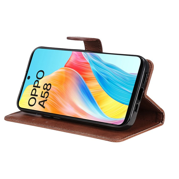 KT Leather Series-2 For Oppo A58 4G Case PU Leather Shckproof Shell Solid Color Stand Phone Cover Wallet - Brown