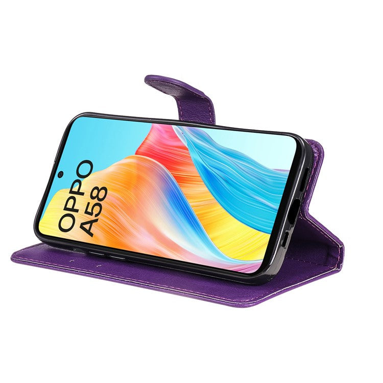KT Leather Series-2 For Oppo A58 4G Case PU Leather Shckproof Shell Solid Color Stand Phone Cover Wallet - Purple