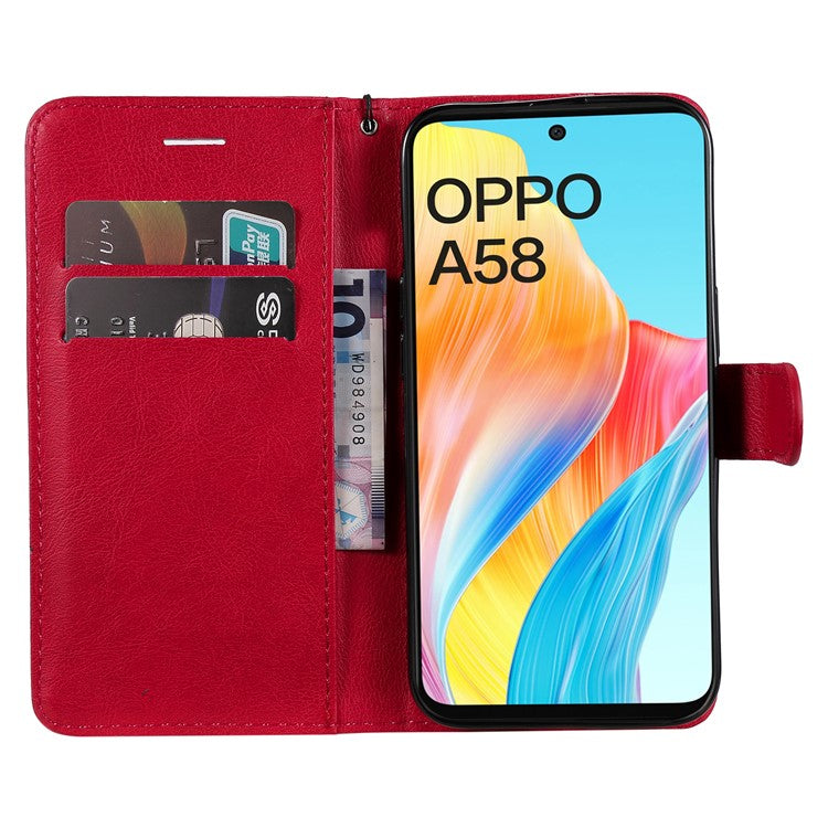 KT Leather Series-2 For Oppo A58 4G Case PU Leather Shckproof Shell Solid Color Stand Phone Cover Wallet - Red