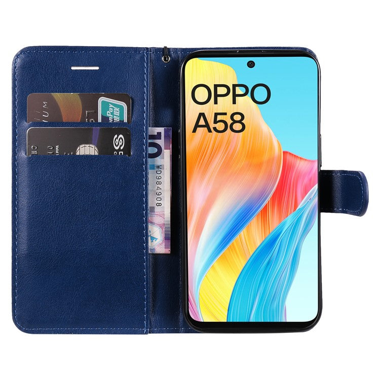 KT Leather Series-2 For Oppo A58 4G Case PU Leather Shckproof Shell Solid Color Stand Phone Cover Wallet - Blue