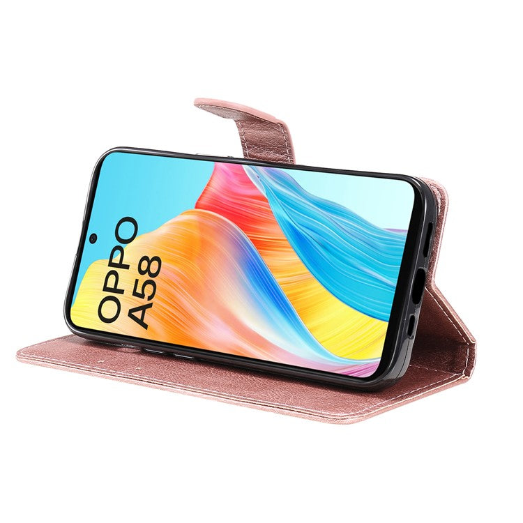 KT Leather Series-2 For Oppo A58 4G Case PU Leather Shckproof Shell Solid Color Stand Phone Cover Wallet - Rose Gold