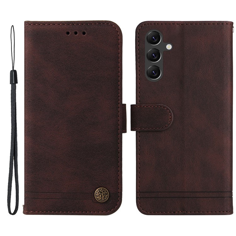 For Samsung Galaxy A15 5G Imprinted Skin-touch Phone Cover PU Leather Stand Wallet Shockproof Case - Brown