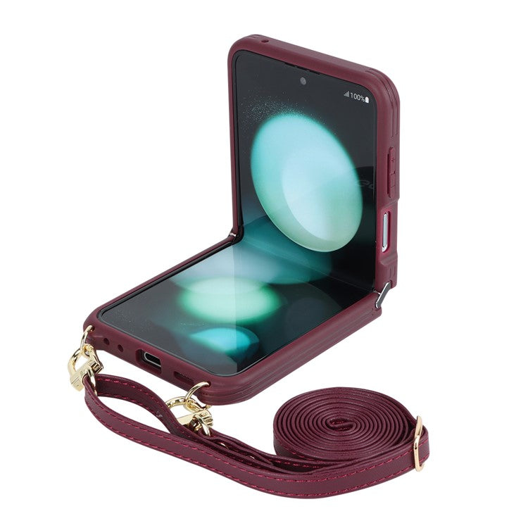 For Samsung Galaxy Z Flip5 5G Case R20 Texture Leather + PC Kickstand Cover - Wine Red
