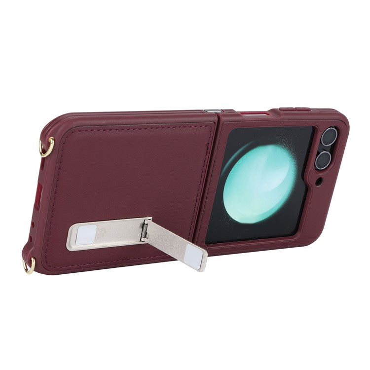 For Samsung Galaxy Z Flip5 5G Case R20 Texture Leather + PC Kickstand Cover - Wine Red