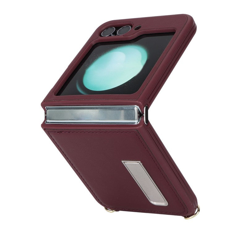 For Samsung Galaxy Z Flip5 5G Case R20 Texture Leather + PC Kickstand Cover - Wine Red