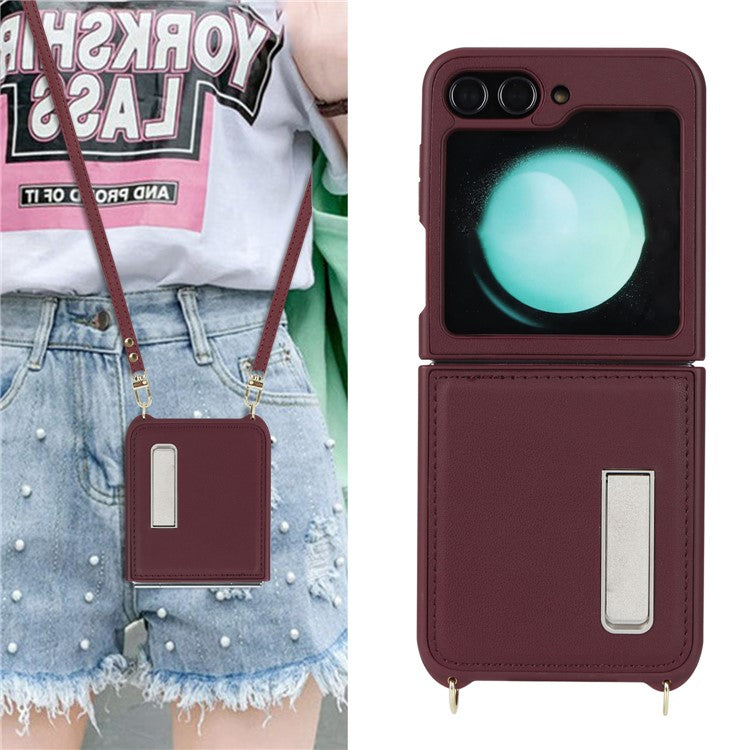 For Samsung Galaxy Z Flip5 5G Case R20 Texture Leather + PC Kickstand Cover - Wine Red