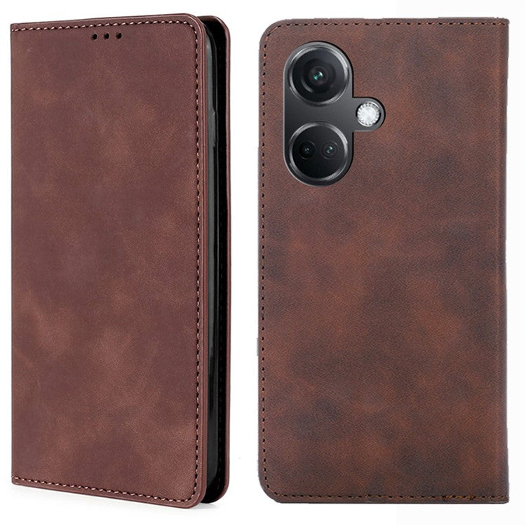 For OnePlus Nord CE3 5G Case Shockproof Skin-touch Flip Stand Card Slots PU Leather Phone Cover - Dark Brown