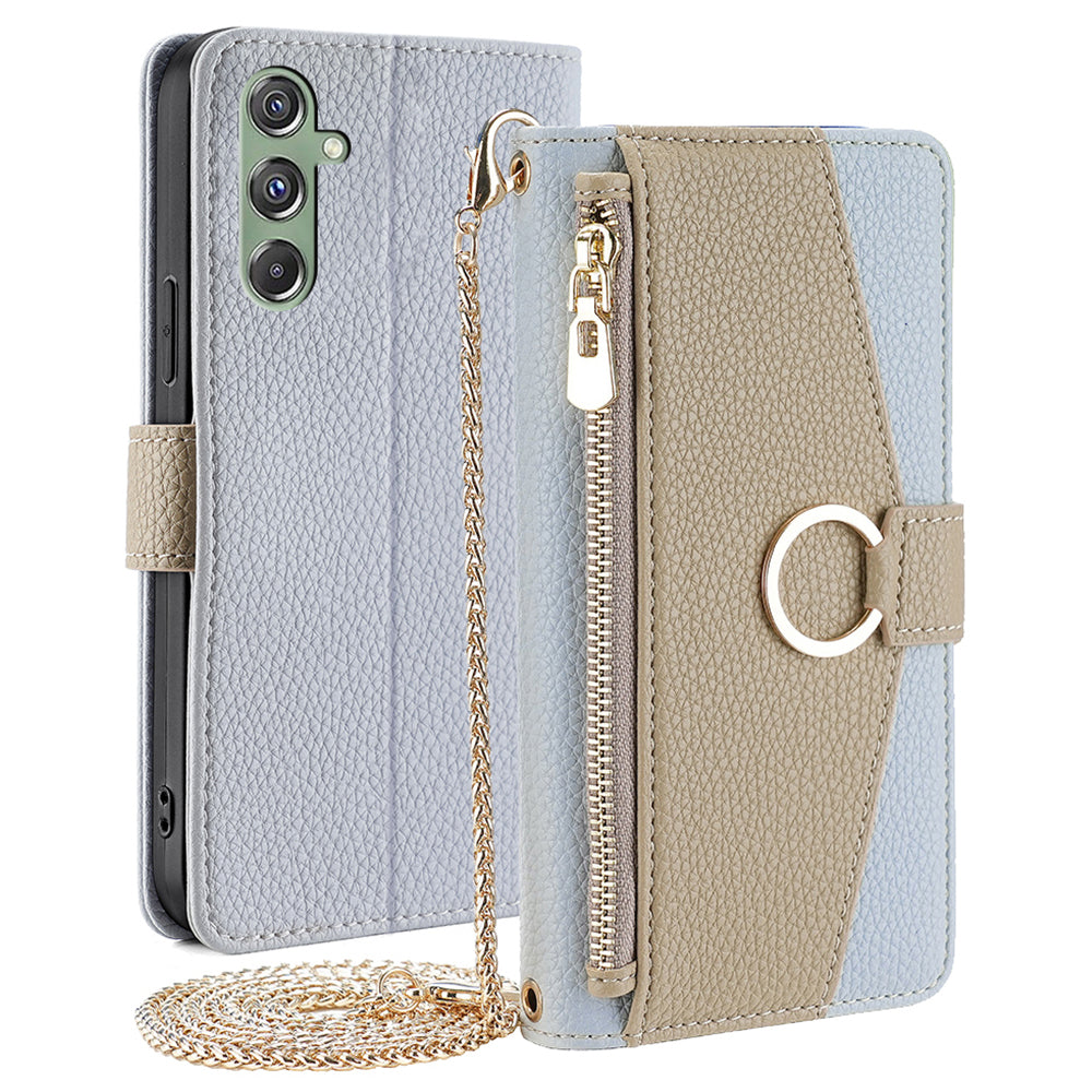 For Samsung Galaxy M34 5G / F34 5G Case PU Leather Crossbody Phone Cover with Makeup Mirror - Blue