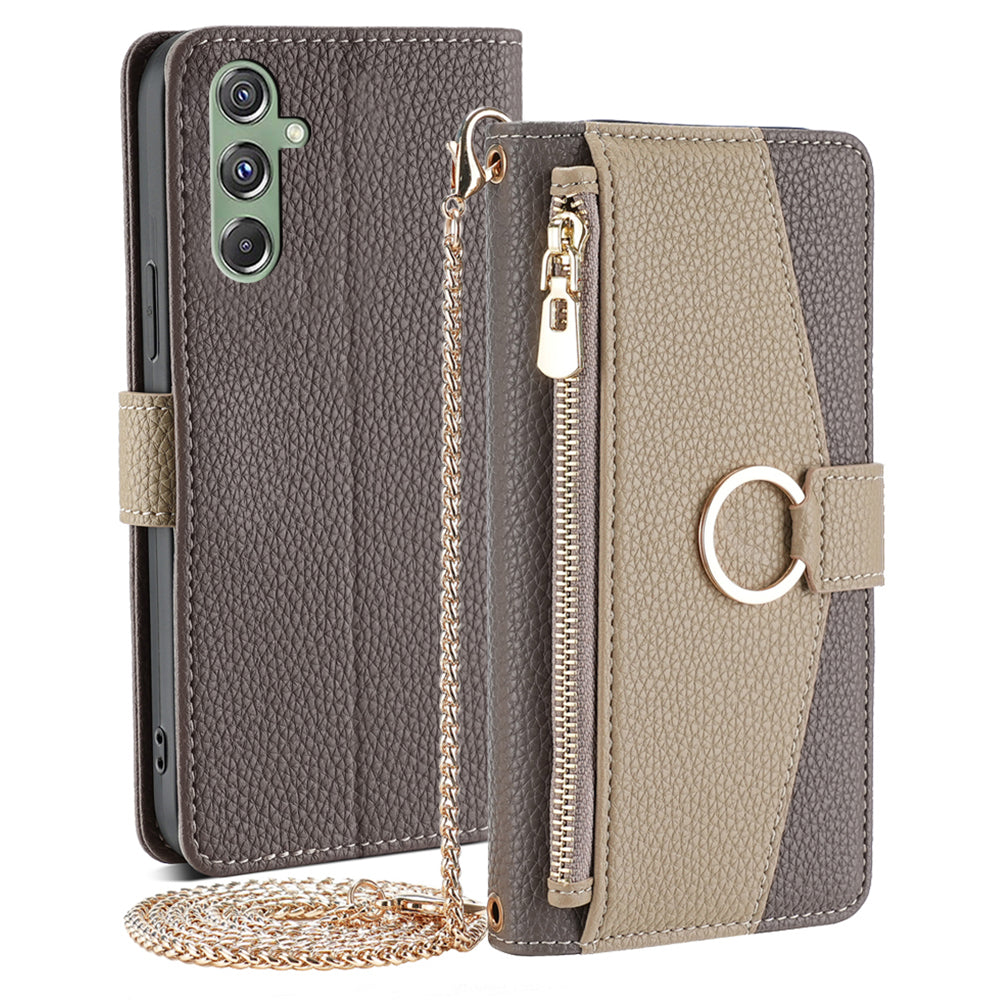 For Samsung Galaxy M34 5G / F34 5G Case PU Leather Crossbody Phone Cover with Makeup Mirror - Grey
