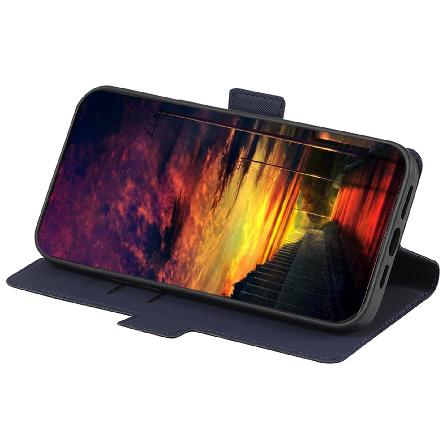 For Samsung Galaxy M34 5G / F34 5G Case Stand Anti-Scratch PU Leather Twill Texture Phone Cover Card Holder Shell - Blue