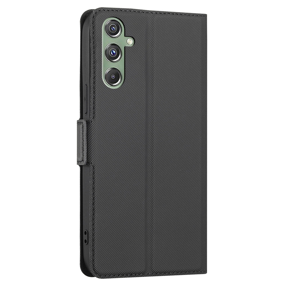 For Samsung Galaxy M34 5G / F34 5G Case Stand Anti-Scratch PU Leather Twill Texture Phone Cover Card Holder Shell - Black