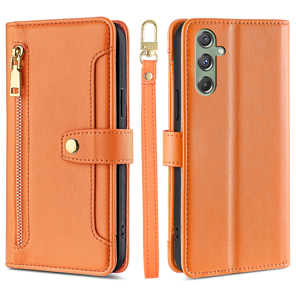 For Samsung Galaxy M34 5G / F34 5G Case Zipper Wallet Leather Anti-drop Phone Cover with 2 Straps - Orange