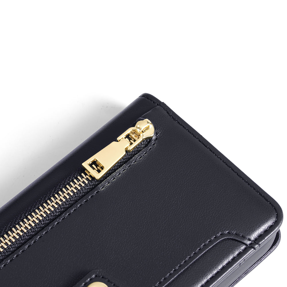 For Samsung Galaxy M34 5G / F34 5G Case Zipper Wallet Leather Anti-drop Phone Cover with 2 Straps - Black