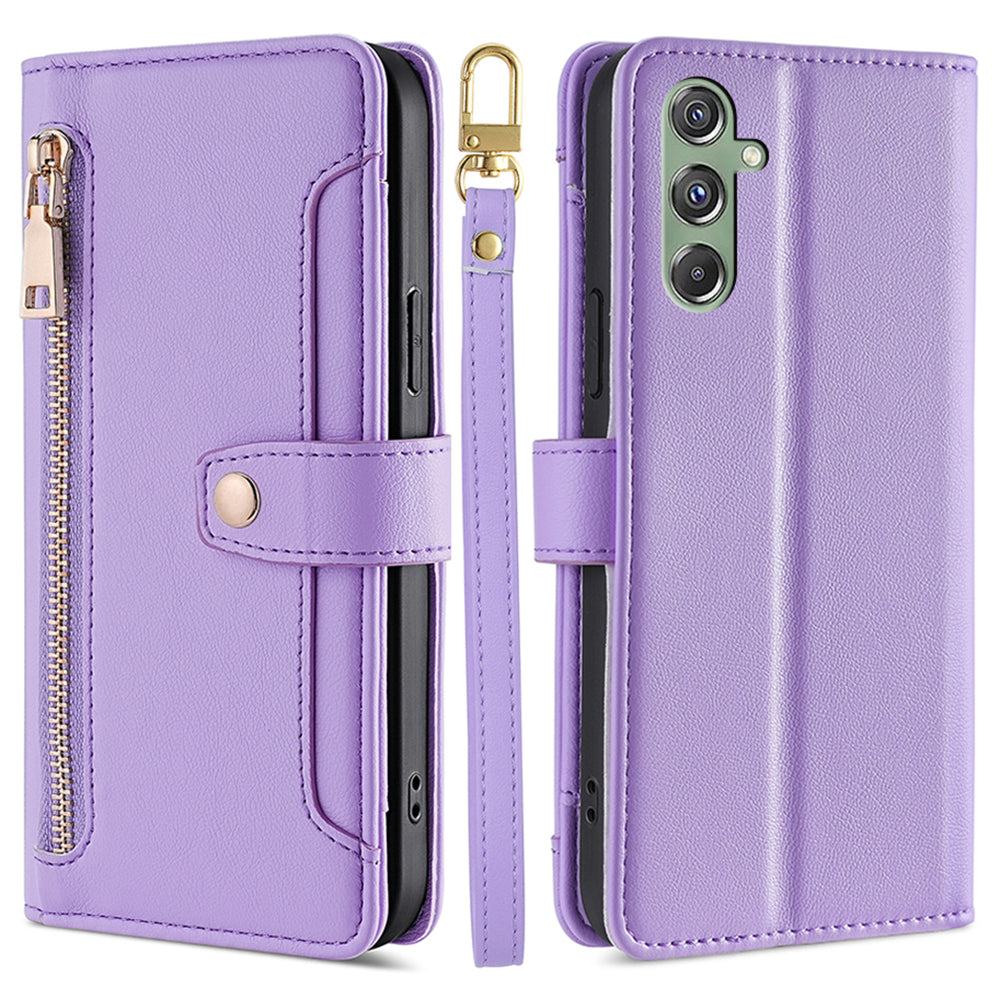 For Samsung Galaxy M34 5G / F34 5G Case Zipper Wallet Leather Anti-drop Phone Cover with 2 Straps - Purple