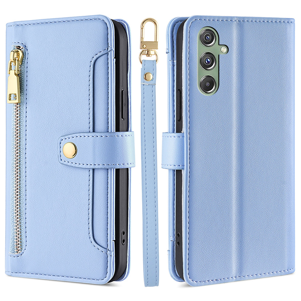 For Samsung Galaxy M34 5G / F34 5G Case Zipper Wallet Leather Anti-drop Phone Cover with 2 Straps - Blue