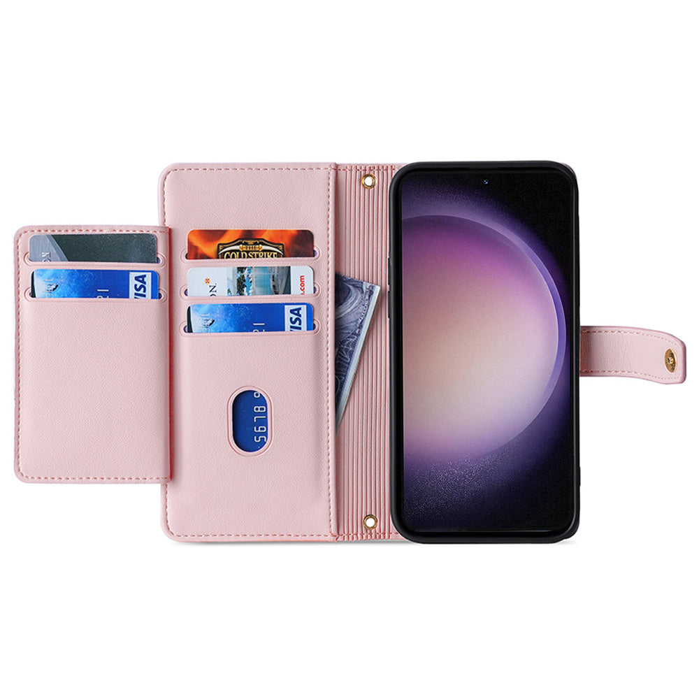 For Samsung Galaxy M34 5G / F34 5G Case Zipper Wallet Leather Anti-drop Phone Cover with 2 Straps - Pink