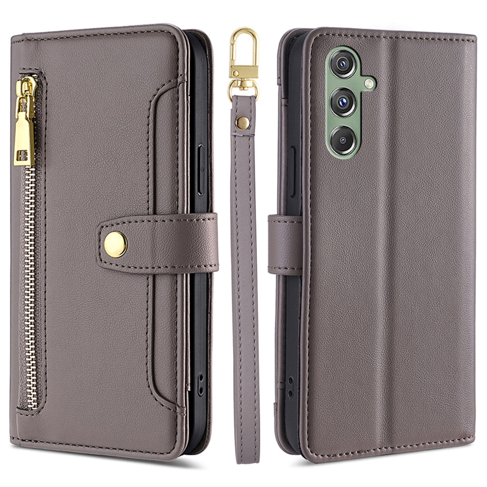 For Samsung Galaxy M34 5G / F34 5G Case Zipper Wallet Leather Anti-drop Phone Cover with 2 Straps - Grey