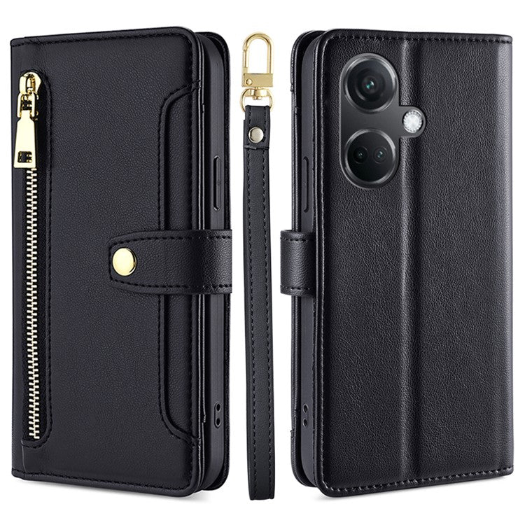 For OnePlus Nord CE3 5G Case PU Leather Wallet Stand Cellphone Cover with 2 Straps - Black