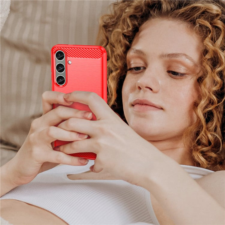 For Samsung Galaxy S25+ / S24+ Mobile Phone Case Slim-Fit Cover TPU Carbon Fiber Texture Phone Shell - Red